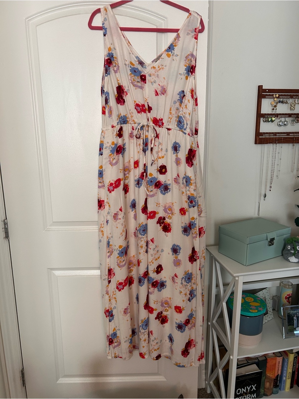 Lucky Brand Cream Maxi Dress with Red & Blue Floral Print Accents
